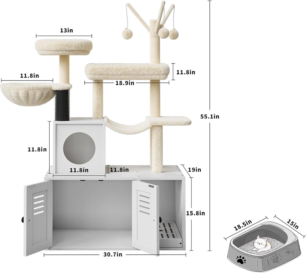 Litter Box Enclosure with Cat Tree Tower and Condo Hidden Cat Washroom