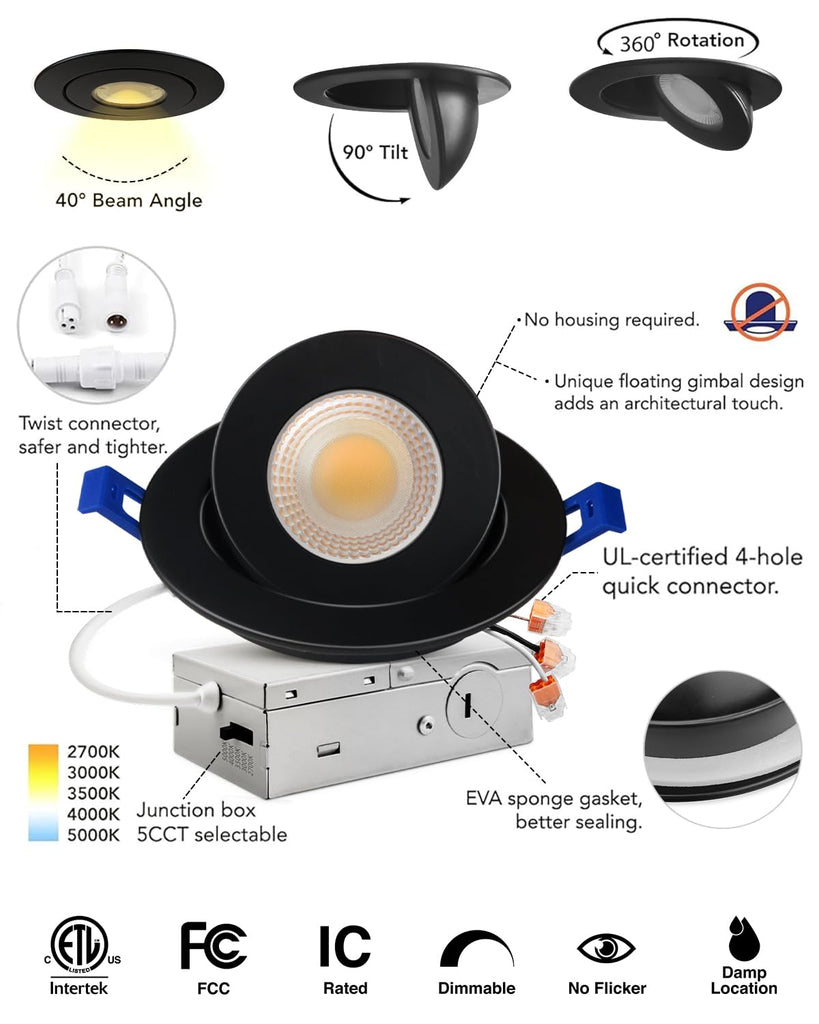 4 Pack 4 inch 5CCT Black LED Eyeball Gimbal Recessed Light, Dimmable