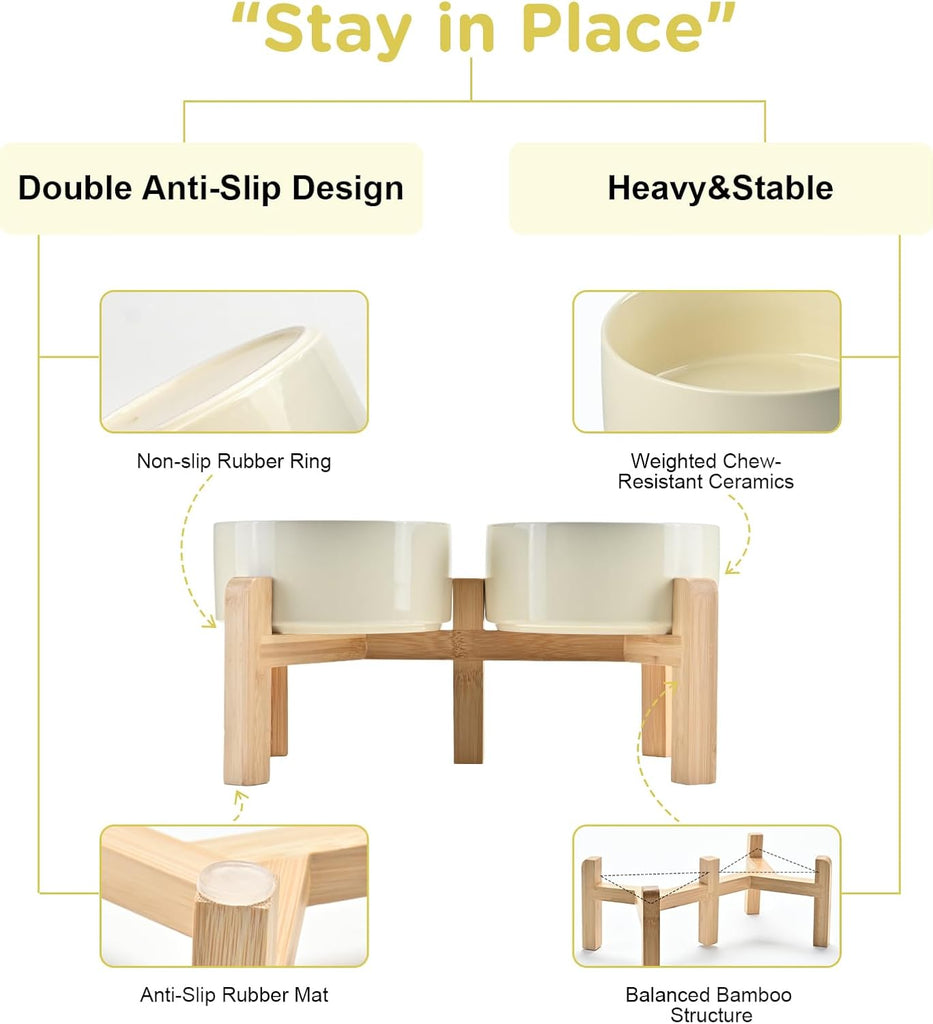 Elevated Dog Bowls Ceramic, 6.1'' Dogs and Cat Food Water Bowls Raised with Non-Slip Bamboo Stand for Medium Sized