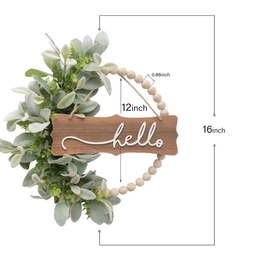 Green Wreath for Front Door, Wood Bead Wreaths with Artificial Lambs Ears Leaves, Hello and Welcome Door Sign Wreath