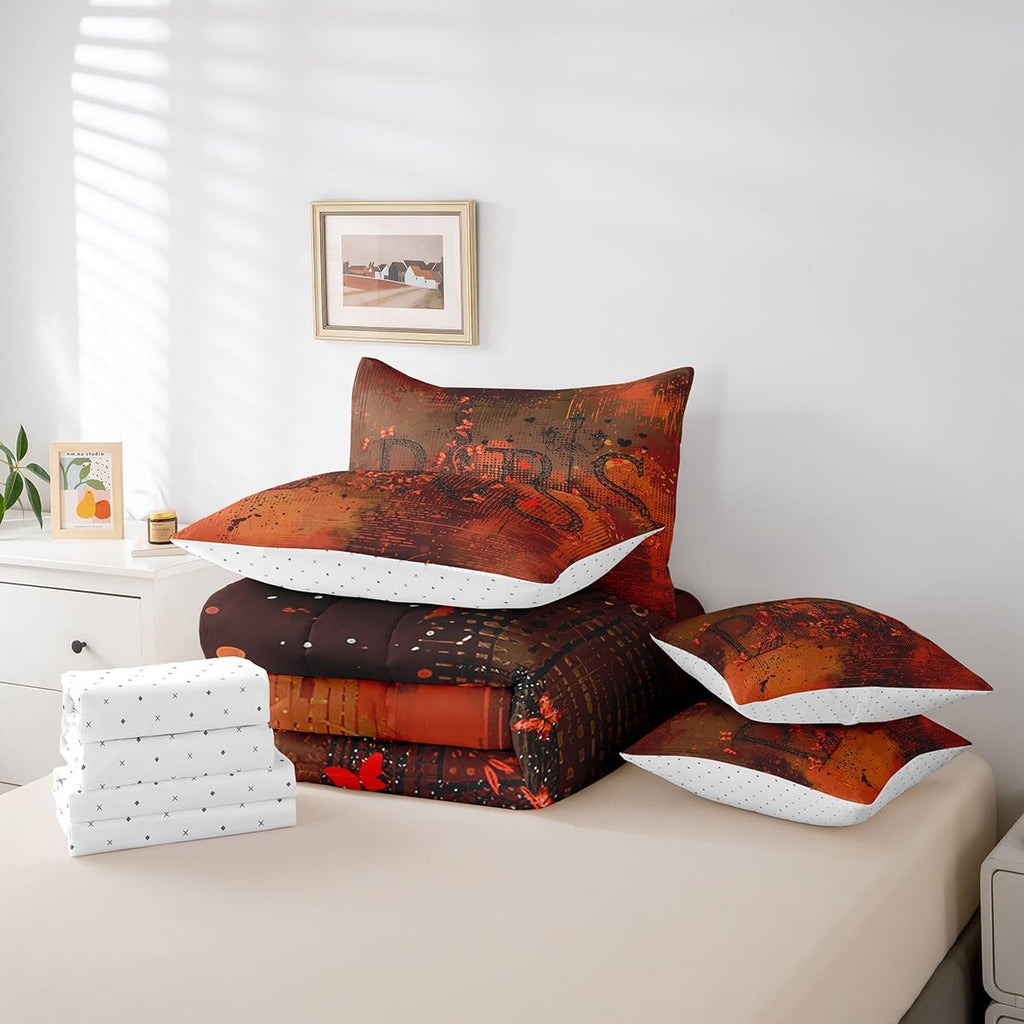 French Paris Twin Comforter Set 7-Piece Romantic Eiffel Tower Bed in a Bag, Red Gradient Bedding Comforter Sets Retro