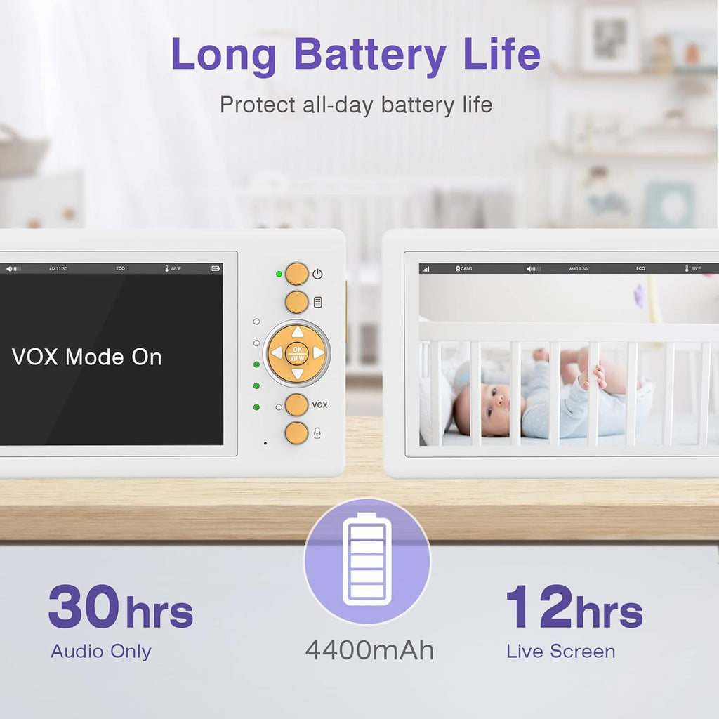Monitor with Camera and Audio, 5" 720P HD Screen Video Baby Monitor with Pan-Tilt-Zoom Camera, 30hrs Long Battery