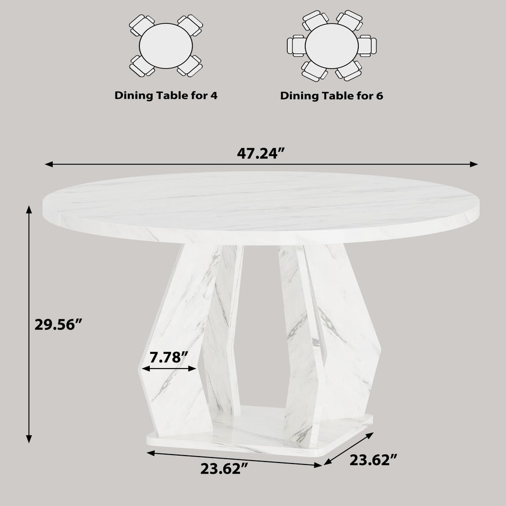 White Marble Round Dining Table, Modern Wood Dinner Tables, 47 Inch
