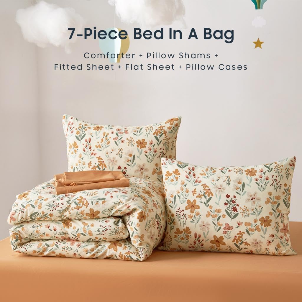 Floral Bedding Set for Girls, Cute Colorful Botanical Flowers Patterned Soft Lightweight Comforter Set with Sheets, 7