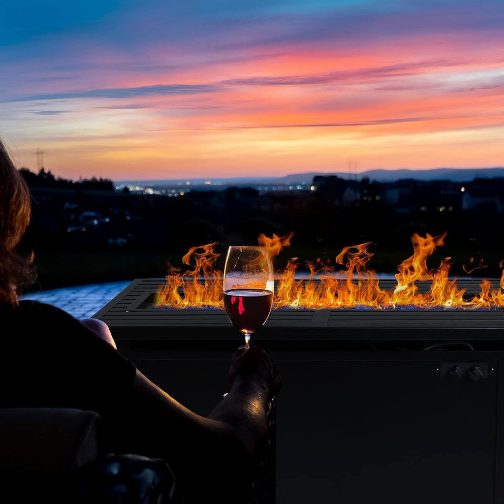 56 Inch Gas Fire Pit Table Outdoor Rattan Propane Fire Table & Fireplace with Fire Glass, Lid, 50,000 BTU Firepits for Outside Patio - Image 6