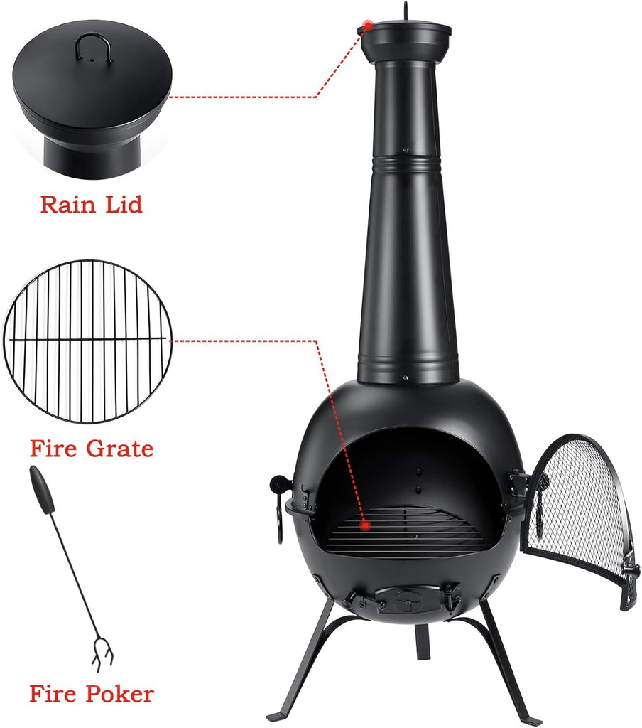 Prairie Fire Outdoor Chiminea Fireplace Deck or Patio Backyard Wooden Fire Pit with Chiminea Cover Rust-Free Iron Black