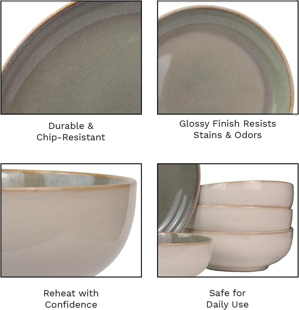 16-Piece Stoneware Dinnerware Set for 4, Glossy Cream/Green Big Dinner Plates and Bowls Sets with Reactive Glaze