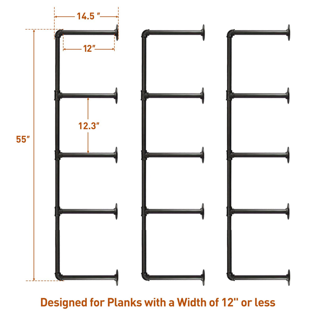 Industrial Iron Pipe Shelves, 3 Set 5-Tier, 55" Tall, 12" Depth, DIY Open Bookshelf Bookcase, Wall Mounted Vintage