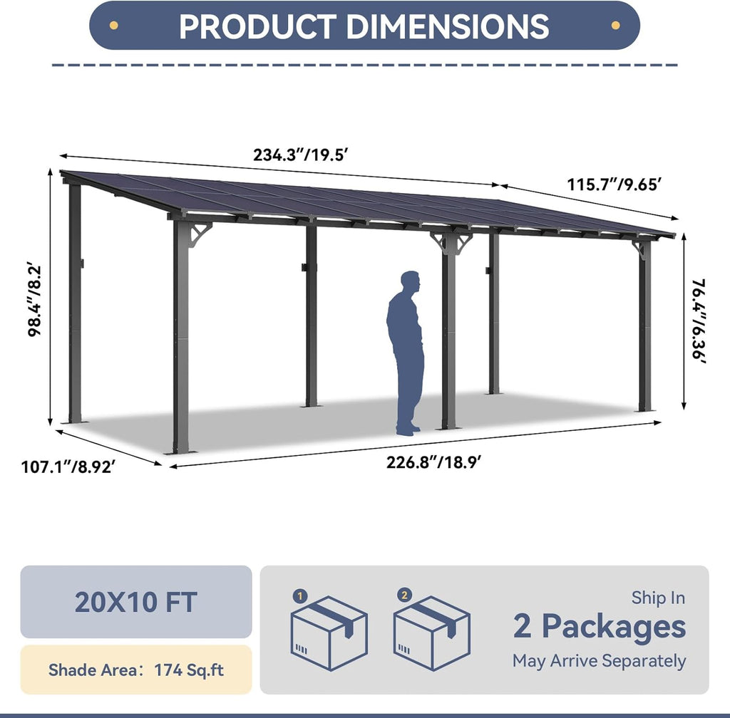 10' x 20' Lean to Gazebo, Hardtop Metal Gazebo Pergola with Polycarbonate Roof, Large Wall Mounted Heavy Duty Awnings