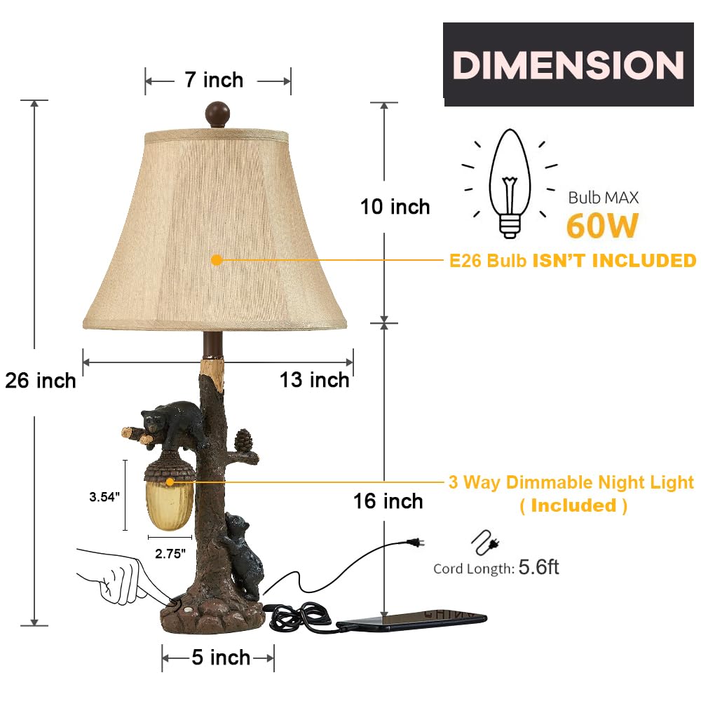 26" Rustic Western Bear Table Lamp with Nightlight Set of 2