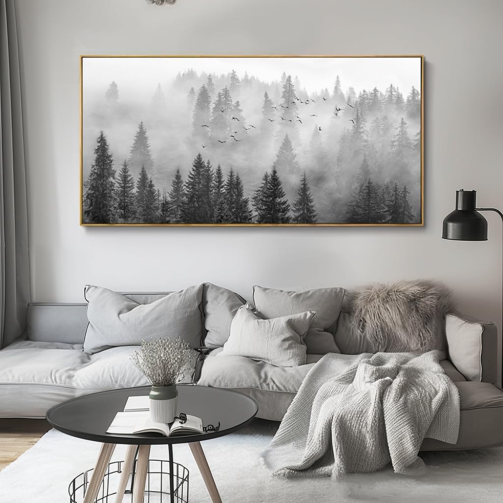 Framed Ready to Hang Wall Art Foggy Forest Black and White Wall Art Nature Landscape Mountain Photographic Printed on
