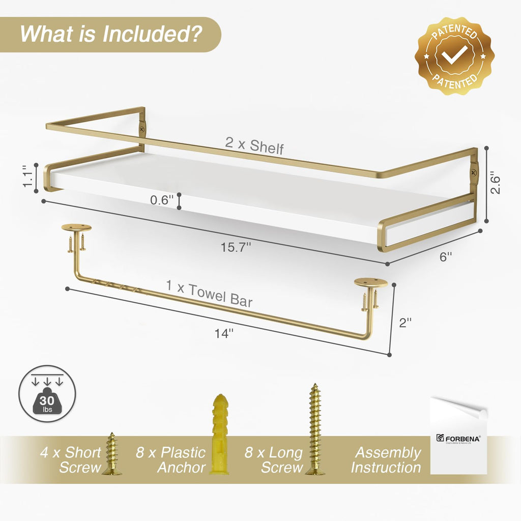 Floating Bathroom Shelves Wall Mounted, White and Gold Wall Shelf