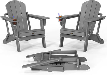 Plastic Adirondack Chairs Set of 2, Folding with Cup Holder, Waterproof HDPE Material, Comfortable 380lb Weight