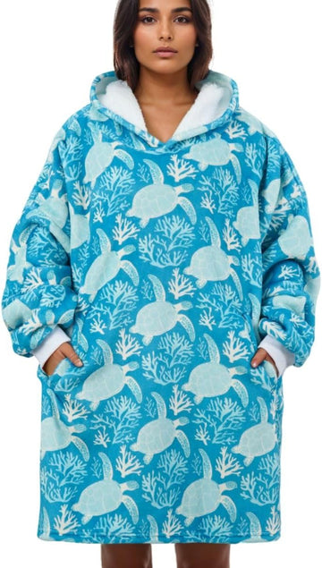 Sea Turtle Gifts for Women Girls, Wearable Flannel Blanket Hoodie, Oversized Flannel Hooded Blanket Sweatshirt, One