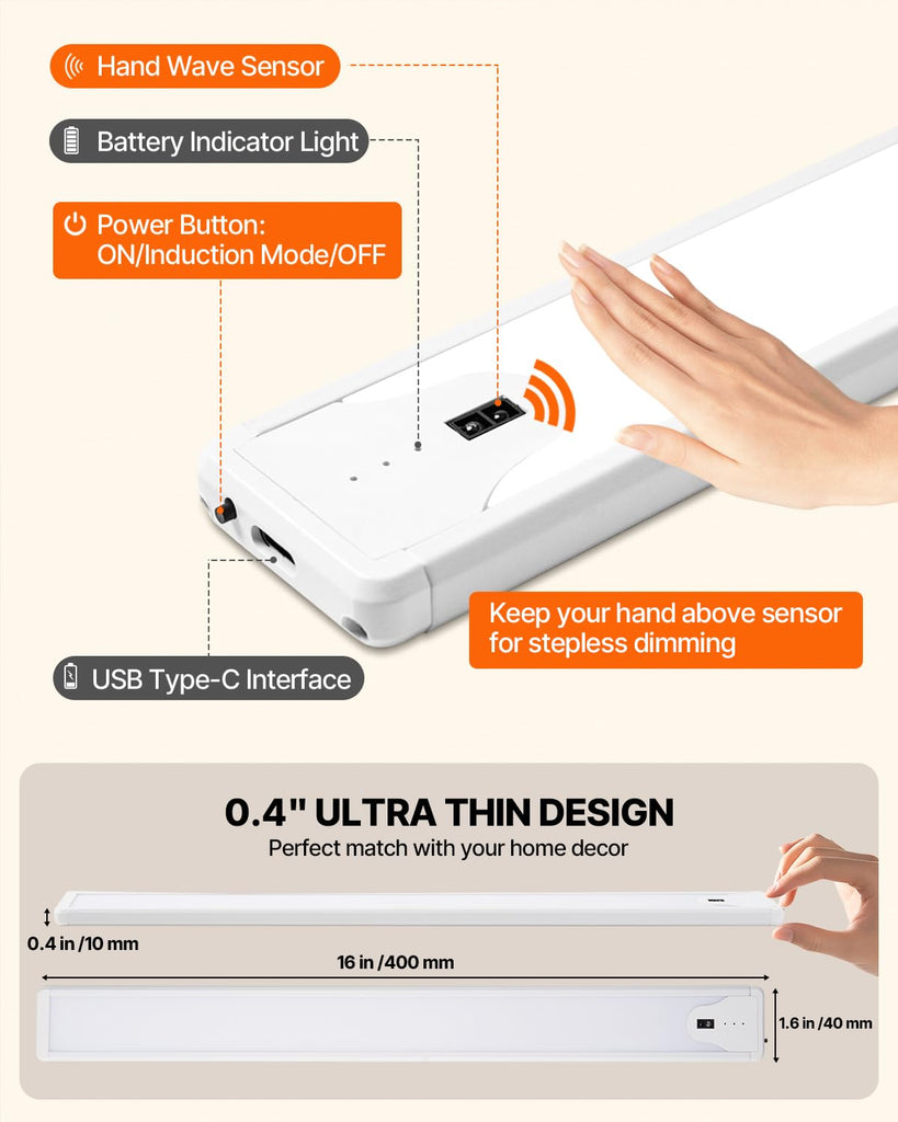 16 Inch Under Cabinet Light, Hand Wave Sensor 83 LED Indoor Cabinet Lighting, USB Rechargeable Cordless Closet Light