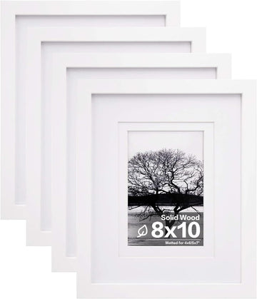 8x10 Picture Frames Set of 4, Made of Solid Wood Covered by Plexiglass 4x6 and 5x7 with Mat or 8x10 without Mat, for