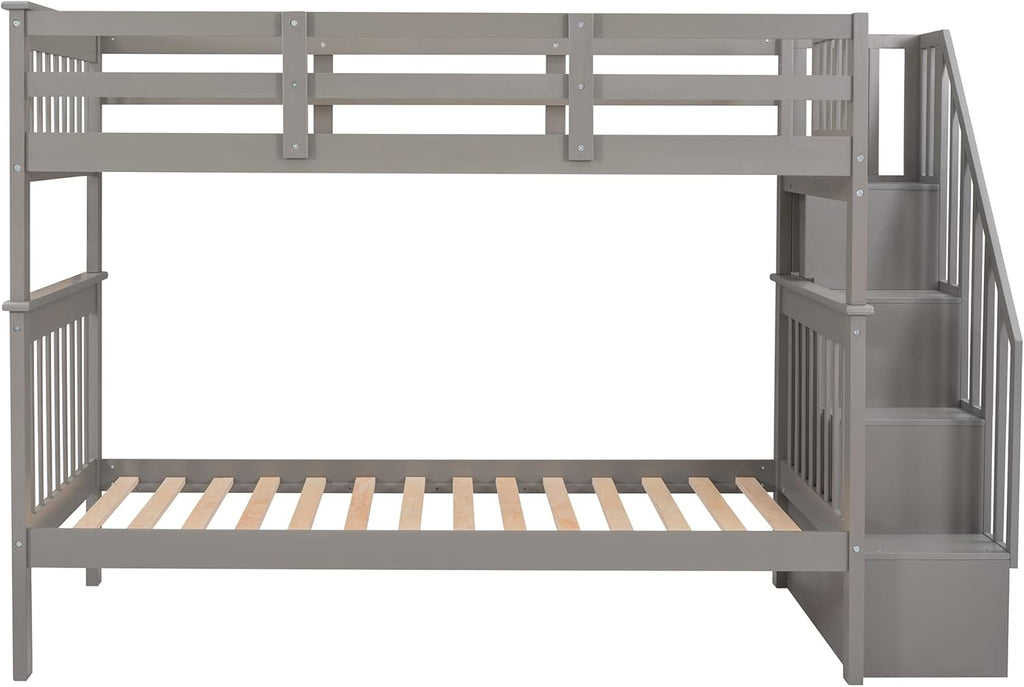 Stairway Bunk Bed with Storage Shelves, Twin Over Twin Wooden Bunk Bed Frame with Full-Length Fence