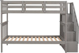 Stairway Bunk Bed with Storage Shelves, Twin Over Twin Wooden Bunk Bed Frame with Full-Length Fence