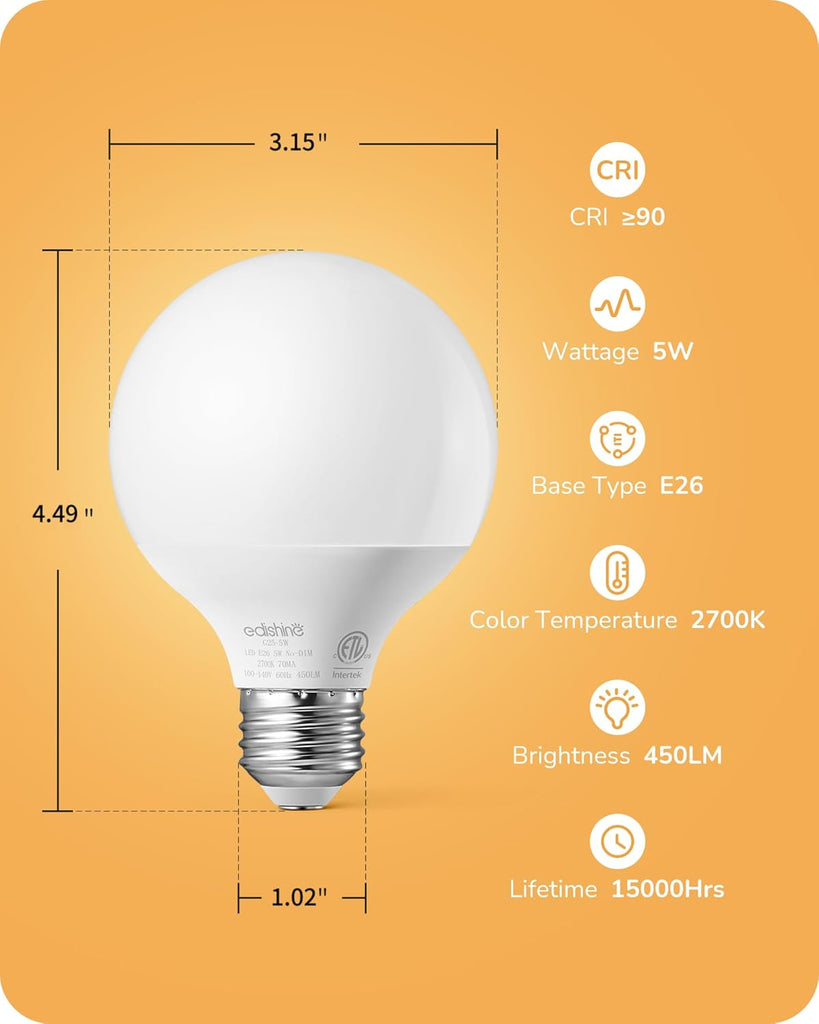 Vanity Light Bulbs, G25 LED Bathroom Light Bulbs, Globe 25 Watt Equivalent Light Bulb, CRI90+ 2700K Warm White 450LM