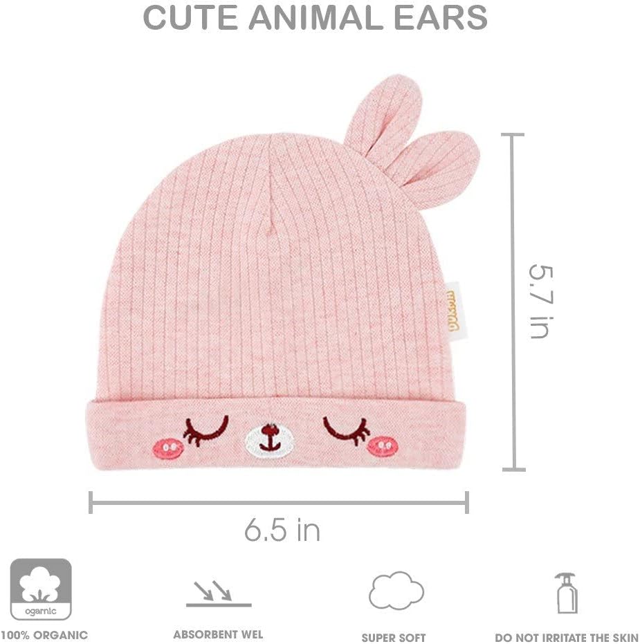 Organic Cotton Toddler Hat Set 3 Cute Animal Ears Design, Beanies for Baby Boys and Girls 0-6 Months, Pink