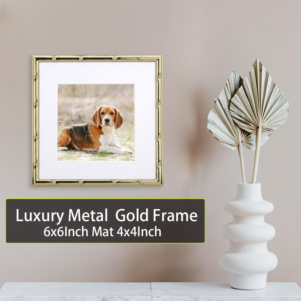 6x6'' Sqaure Gold Metal Picture Frame With Mat for 4x4'' Set of 2, Bamboo Detail Designs Gold Plated Photo Frames