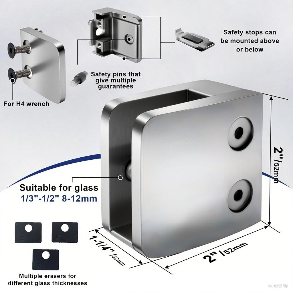 4-Pack Glass Clamps, 304 SS, Polished, 1/3-1/2 Inch
