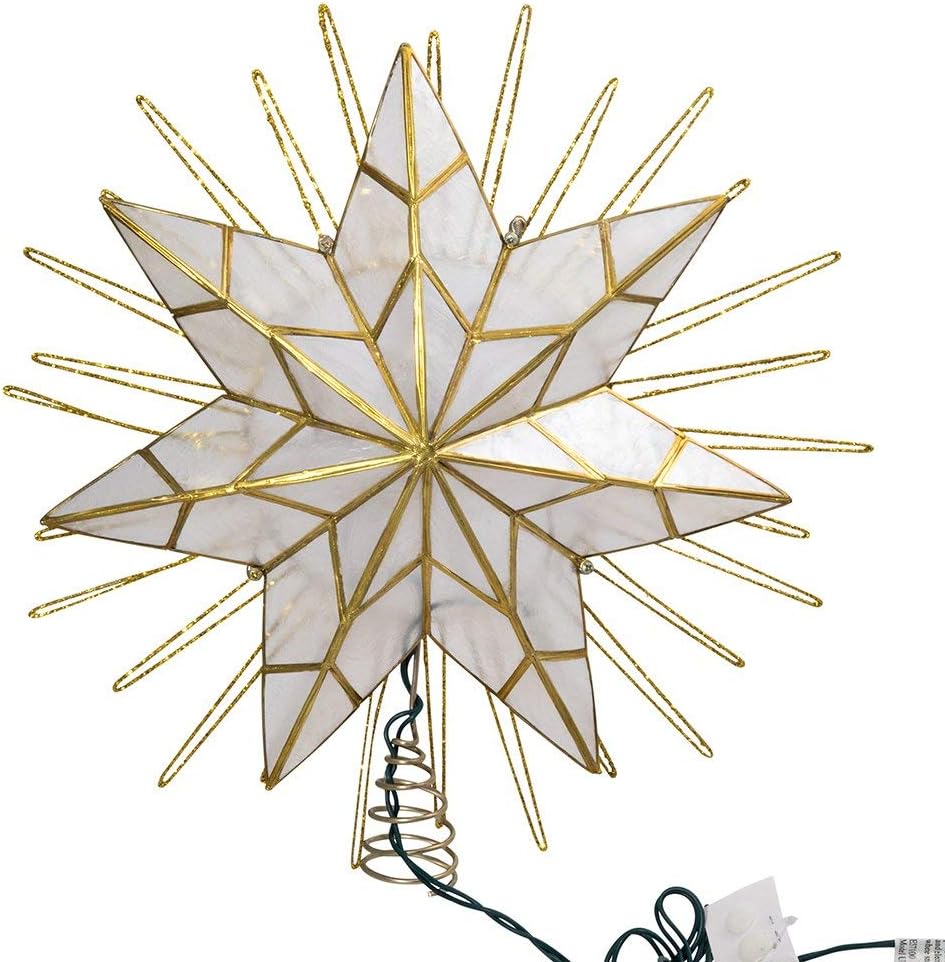 12" 7-Point Natural Capiz Lighted Tree Topper | Christmas Tree Star Topper | Gold Tree Topper Star with Lights