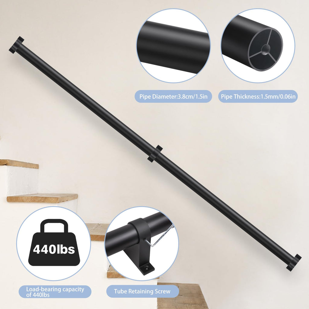Industrial Stair Railing Metal Hand Rails for Indoor Stairs Wall Mount Staircase Handrails 1.5" Pipe Stair Handrail