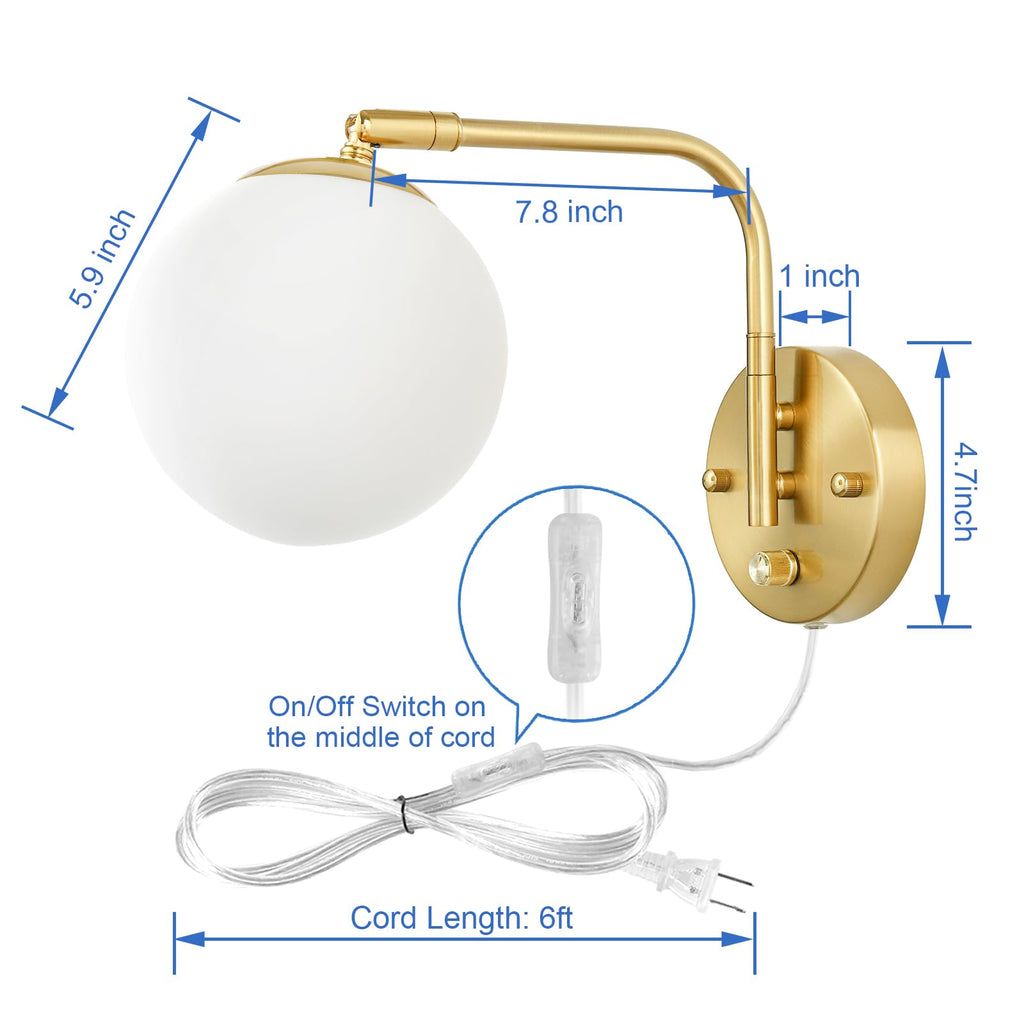 Dimmable Wall Sconces Plug in, Swing Arm Wall Lights with Plug in Cord and Dimmer On/Off Knob Switch, Dimmable Wall
