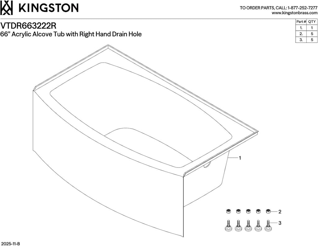 VTDR663222R 66-Inch Acrylic Curved Apron 3-Wall Alcove Tub with Right Hand Drain, Glossy White
