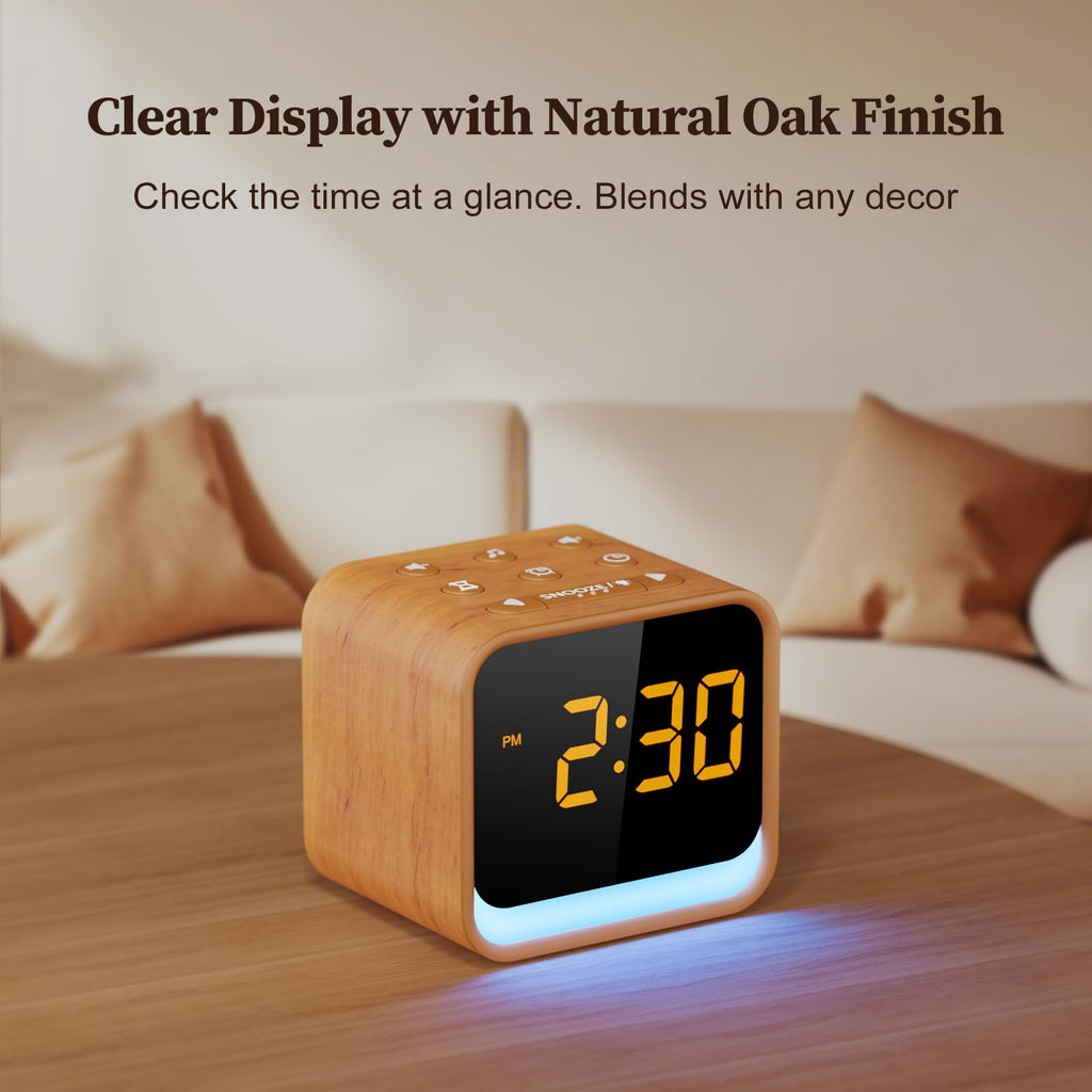 Wooden Sound Machine Alarm Clock s - Gentle Wake-Up with Birdsong, White Noise for Sleeping, Small Digital Clock for