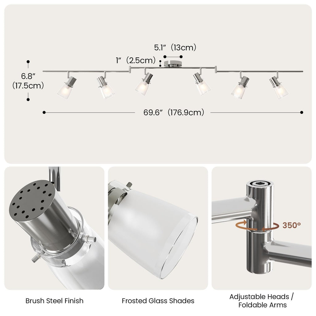 Lumens 6-Light Decorative Track Lighting Kit, Brushed Steel Finish Flush Mount Ceiling Light Fixture with Frosted