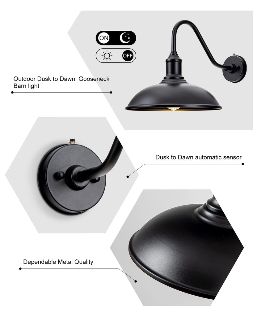 15" Large Barn Light- Dusk to Dawn Outdoor Gooseneck Industrial Light Waterproof Exteior Wall Mount is Ideal for