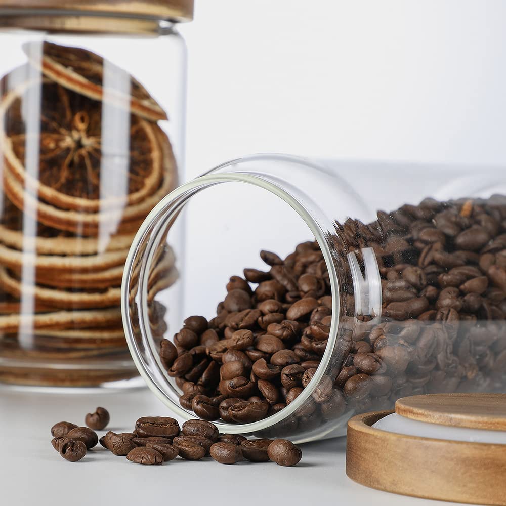 Glass Storage Jars with Wood Lid [Set of 5], Airtight Food Containers Stackable for Coffee Beans| Nuts| Pasta