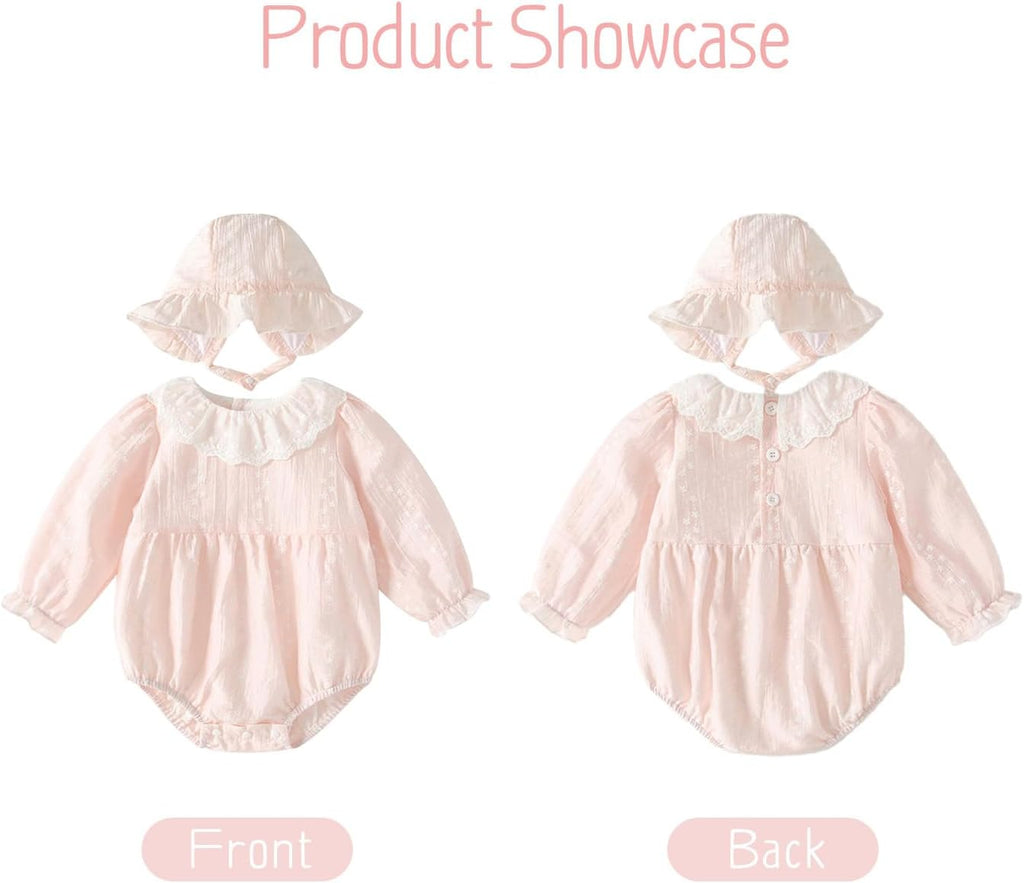 Baby Girl Bubble Romper Ruffle Lace Peter Pan Collar Puff Sleeve Bodysuit with Bonnet Baby Cute Summer Outfits