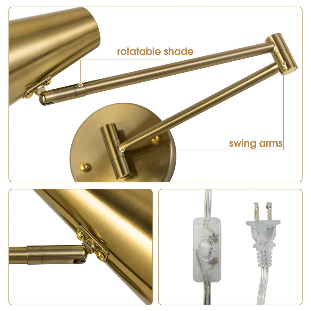 Plug in Wall Sconce Set of 2, Brass Swing Arms Wall Light Plug-in Wall Lamp Living Room Wall Lamp