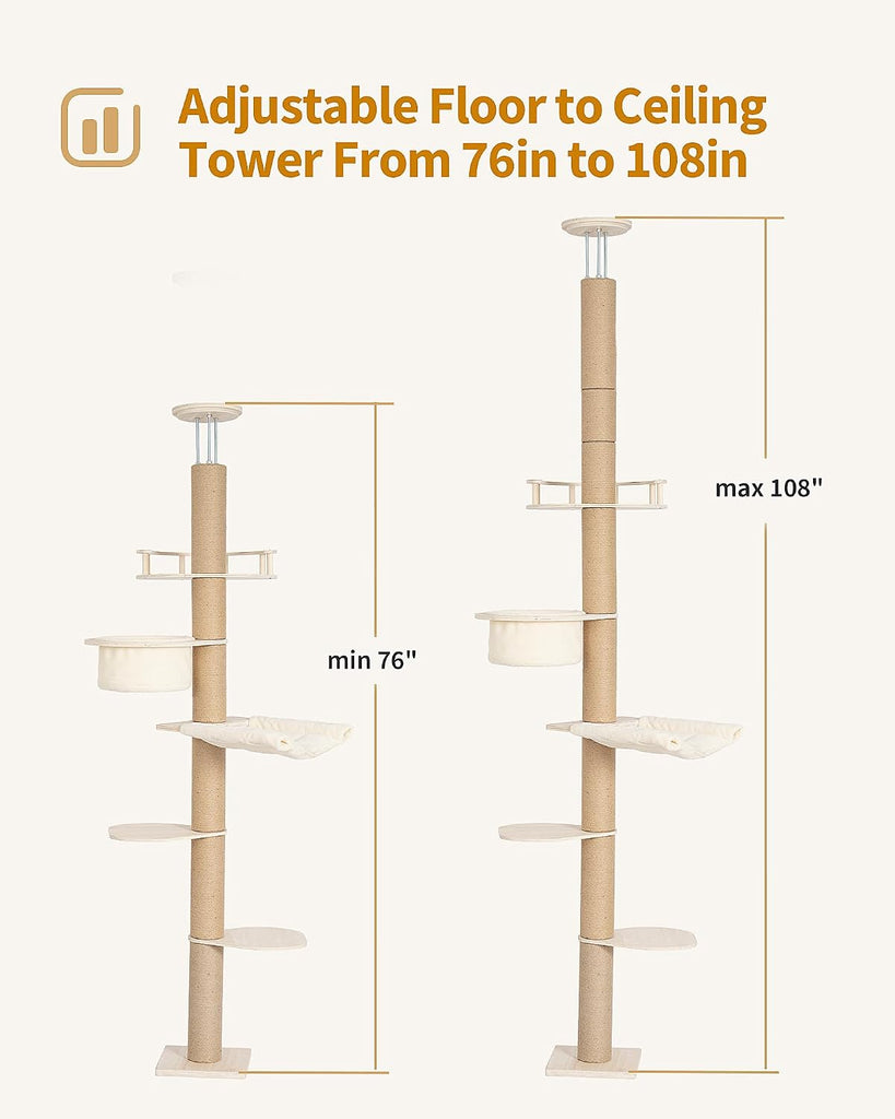 9ft Floor to Ceiling Cat Tree for Large Cats, 5'' Deep Hammock