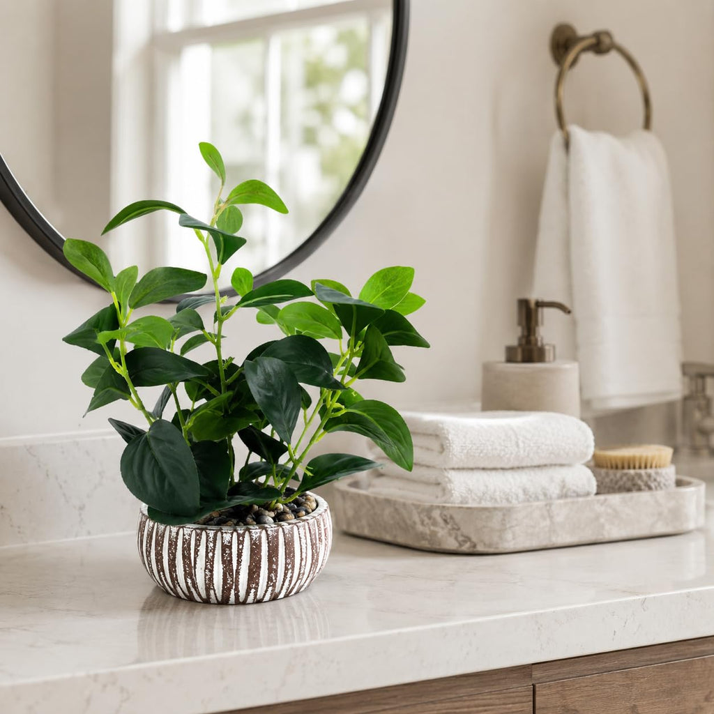 Artificial Potted Plants Life-Like Fake Plant with Farmhouse-Style Cement Planter Feturing Light Wood Tone for Room