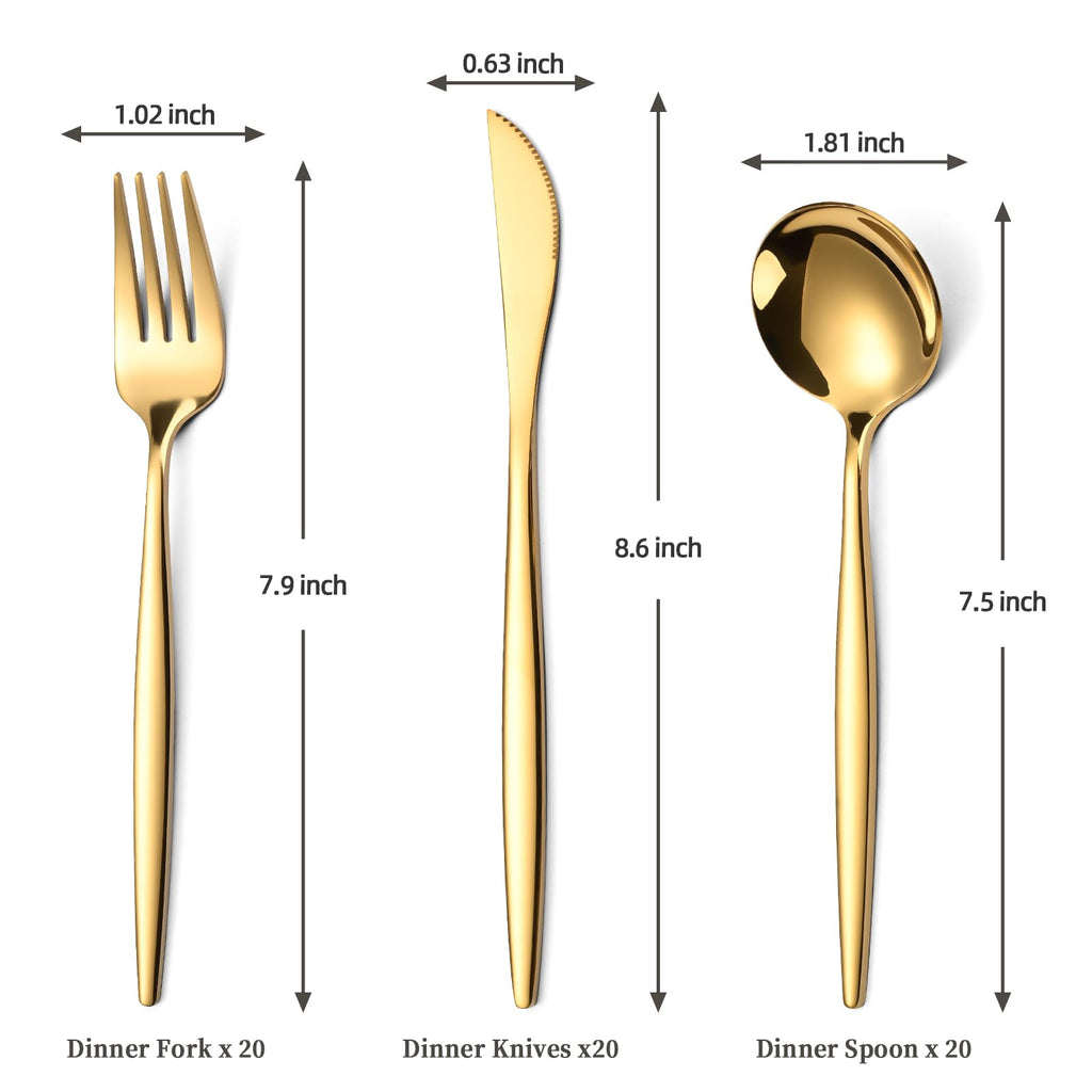 60-Piece Gold Silverware Set for 20, Food Grade Stainless Steel Flatware Set with Thickened Forks Spoons Knives