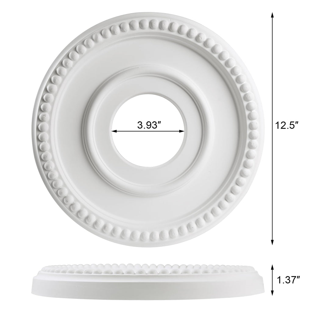 12-1/2" OD x 3-15/16" ID x 1-3/8"P Beaded Round Ceiling Medallion,Primed PU Foam Ceiling Trim for Chandeliers