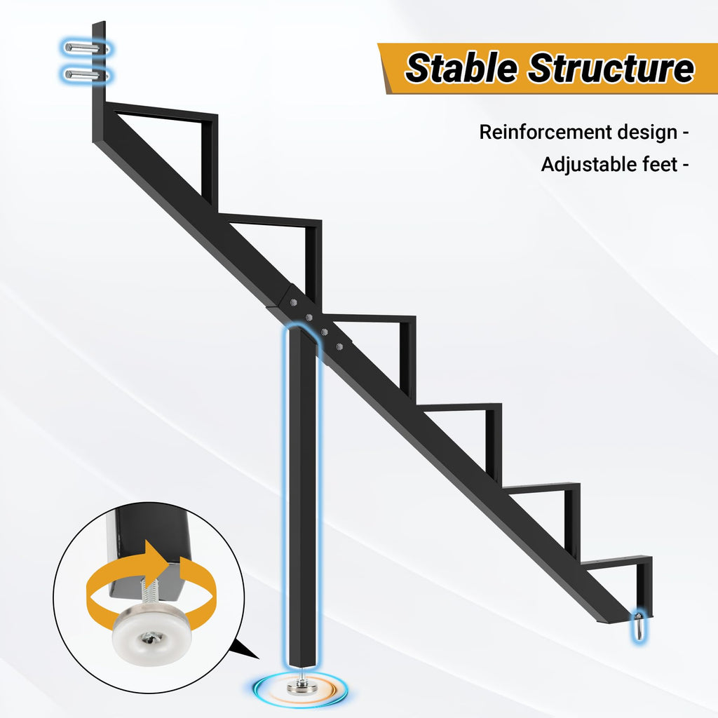 Steel Stair Step Riser 6-Step, Metal Stair Stringer with Reinforcing Support Legs, Heavy Duty Steel Stair Stringer