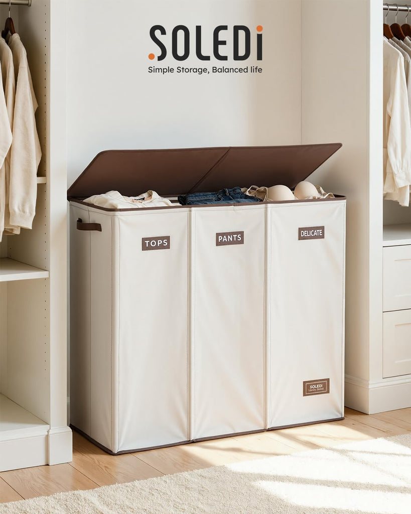 200L 3-Section Laundry Hamper with Lid, Extra Large Dirty Clothes Basket with Sturdy Handles for Laundry Room &
