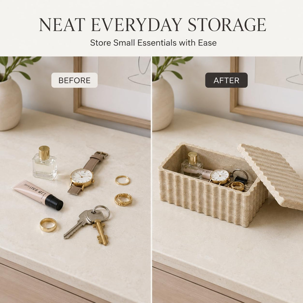 Travertine Storage Box with Lid, Wave Stone Organizer