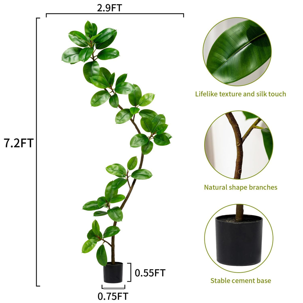 7.2ft Artificial Rubber Tree Faux Plants Indoor Faux Floor Artificial Trees Indoor, Fake Plant Fake Tropical