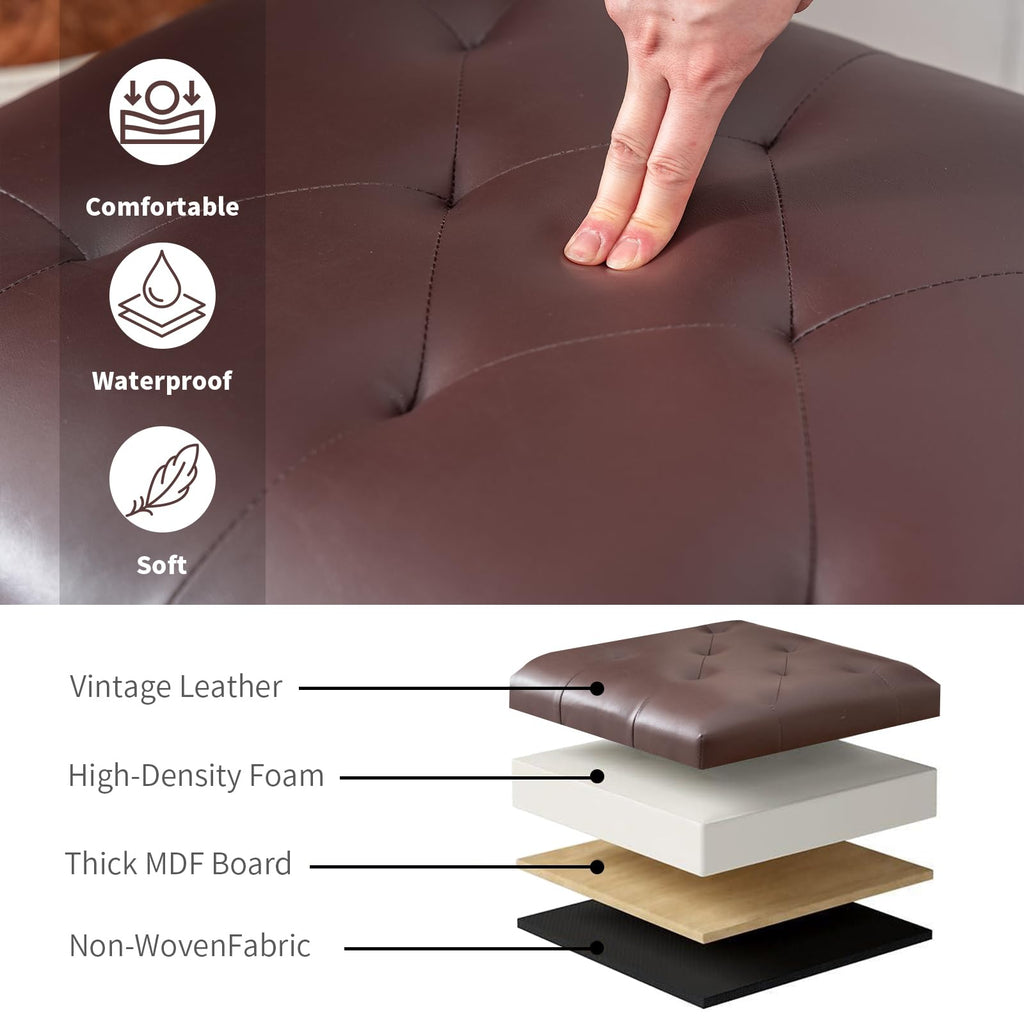 Bonded Leather Square Tufted Storage Footstool, 18" ottoman, Dark Brown