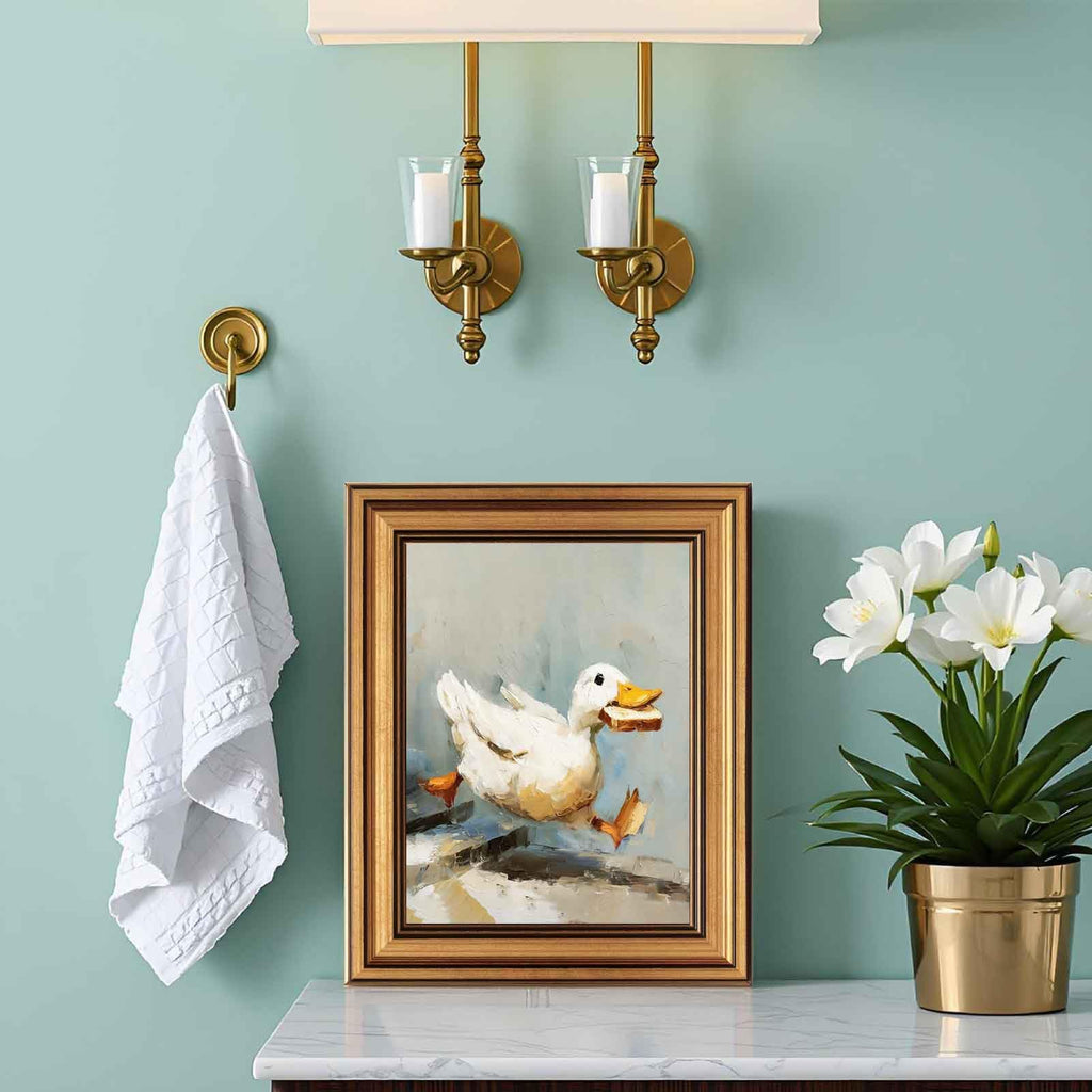 Gold Framed Duck Canvas Wall Art Fun Silly Goose Painting Decor Pictures Farmhouse Animal White Duck Posters Prints