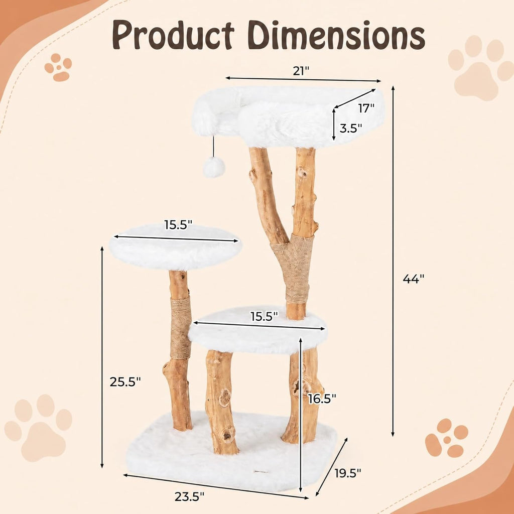 44 inch Wood Cat Tree, Modern Wooden Cat Tower with Jute Scratching Posts, Top Perch, Soft Long Plush and Dangling
