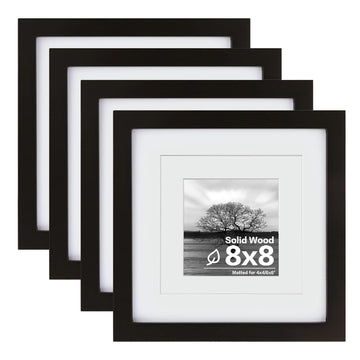 8x8 Picture Frames 4 PCS, Solid Wood frame Fits 4x4/6x6 with Mat or 8x8 Without Photo Frame Covered by Plexiglass, for