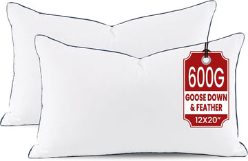 Down 12x20 Pillow Inserts, Goose Down & Feather Fill Decorative Lumbar Pillow Insert, Triple-Layer Downproof - Set of 2