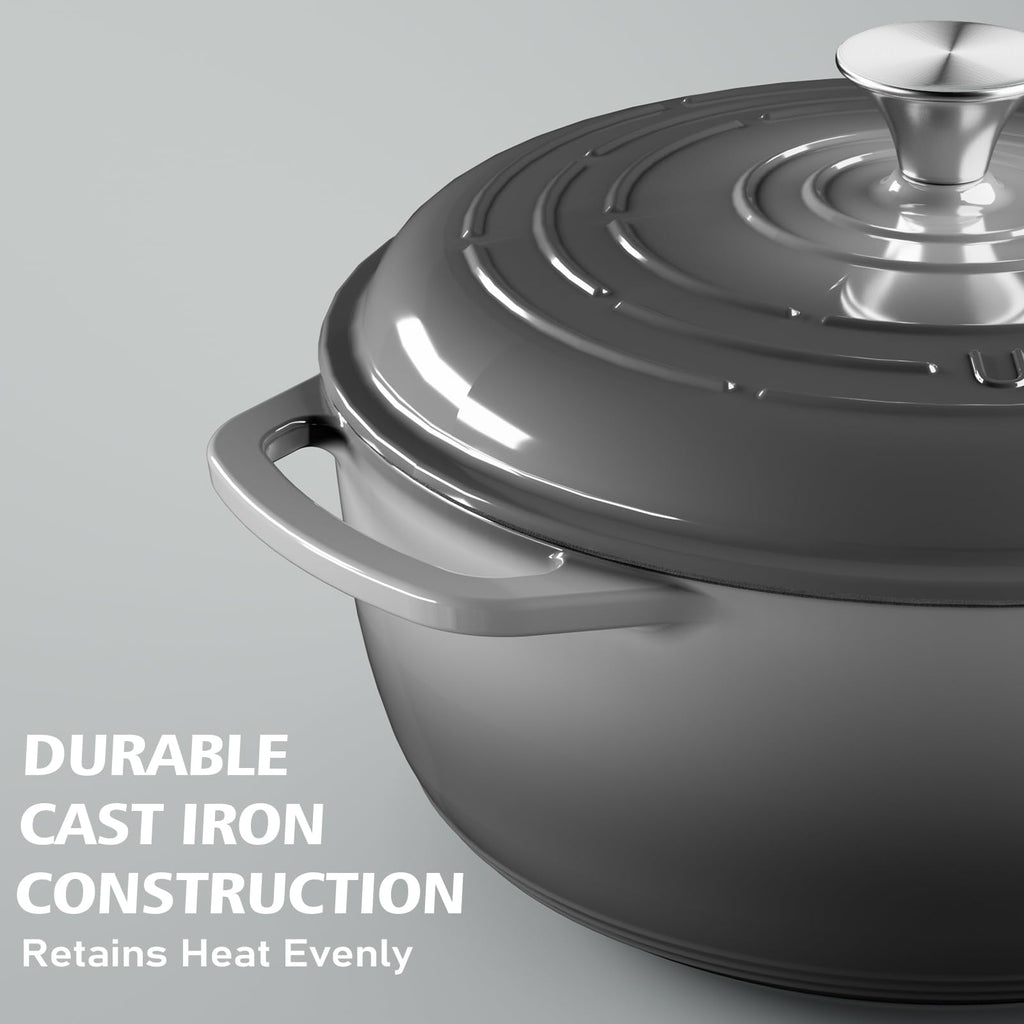 Enameled Cast Iron Dutch Oven - 6QT Pot with Lid & Cotton Potholders - Dual Handles -Versatile Heavy Duty Cookware